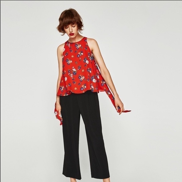 Zara Blouse Open Back Tie Back Sleeveless Floral Red S - Picture 2 of 6